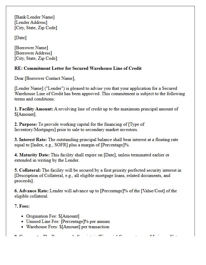 Secured Warehouse Line of Credit Commitment Letter