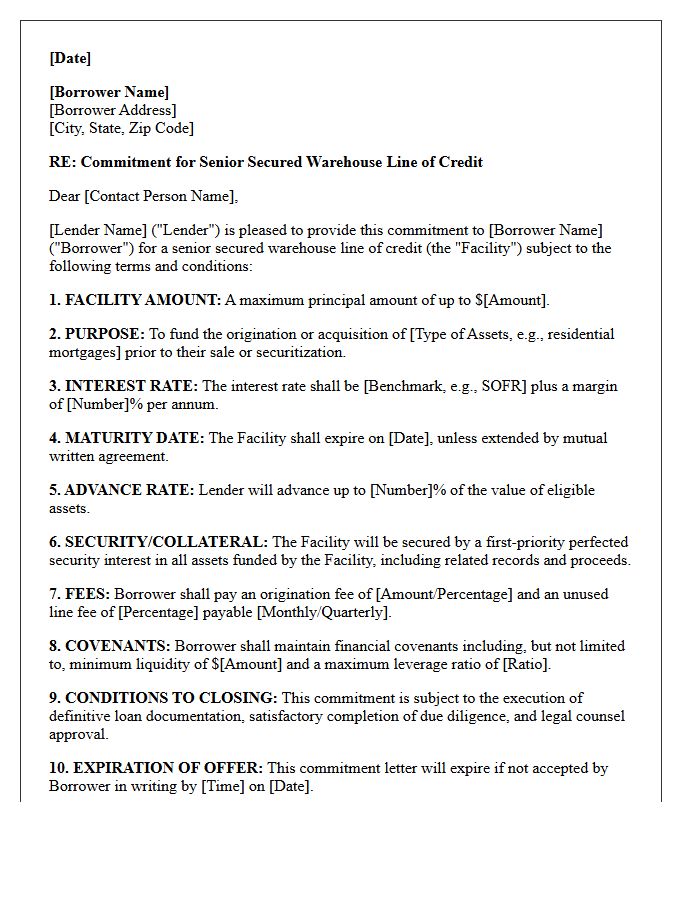 Senior Warehouse Line of Credit Commitment Letter