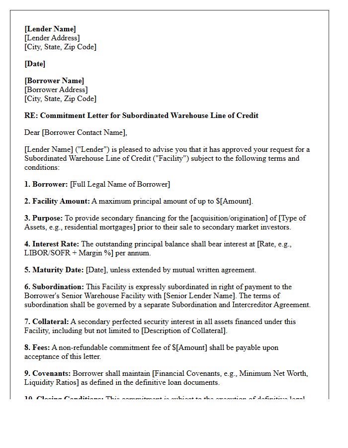 Subordinated Warehouse Line of Credit Commitment Letter