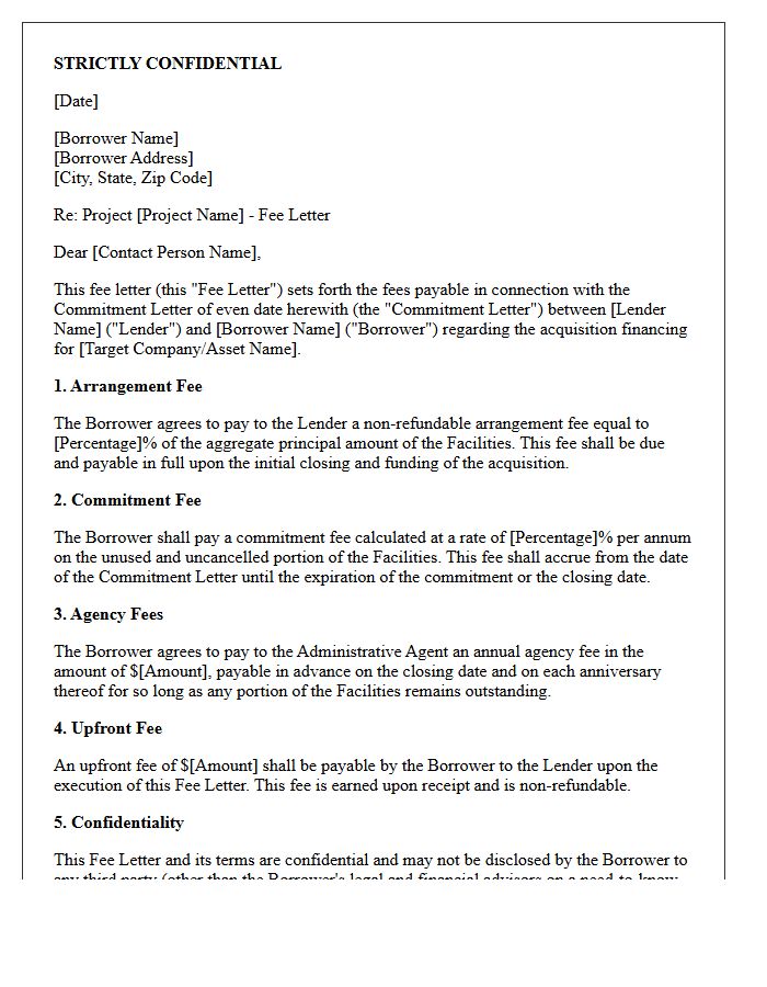 Acquisition Financing Confidential Fee Letter