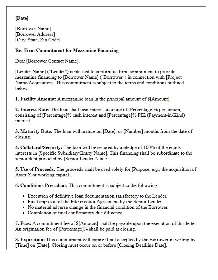 Mezzanine Financing Firm Commitment Letter