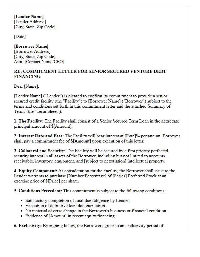 Senior Secured Venture Debt Financing Commitment Letter