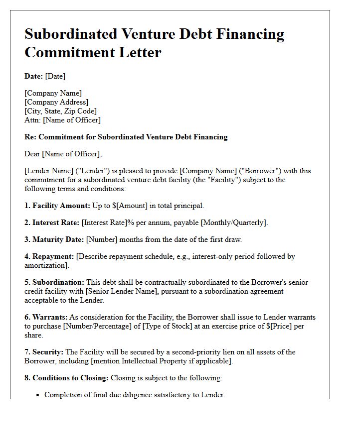 Subordinated Venture Debt Financing Commitment Letter