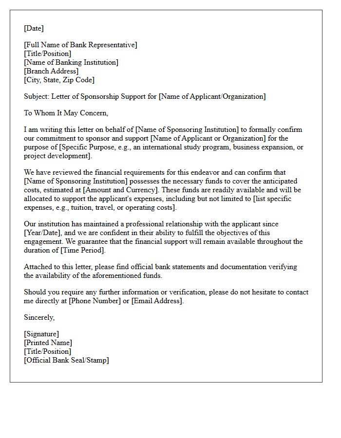 Banking Institution Sponsor Support Letter