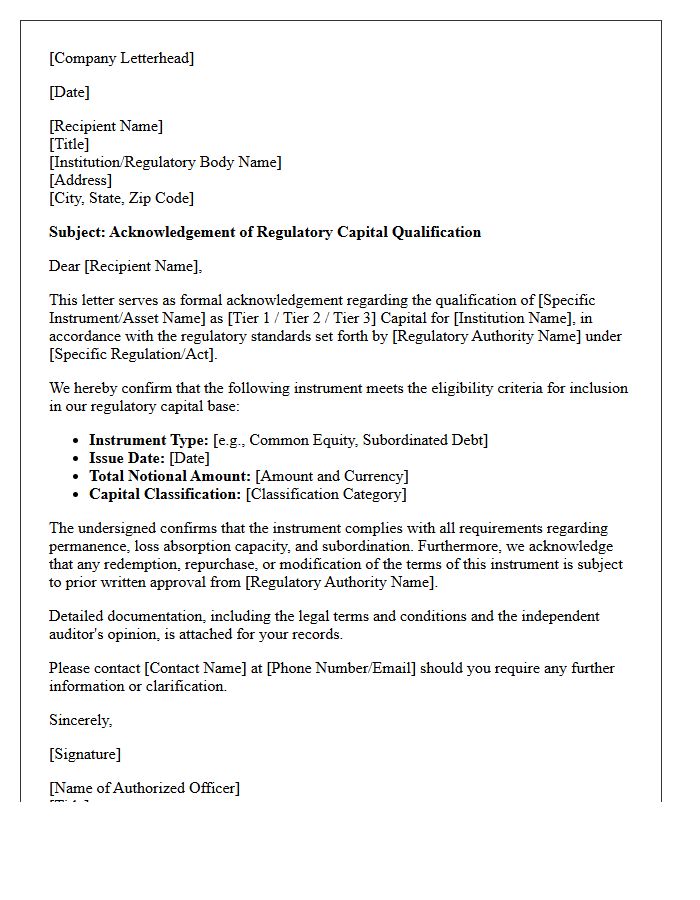 Regulatory Capital Qualification Acknowledgement Letter