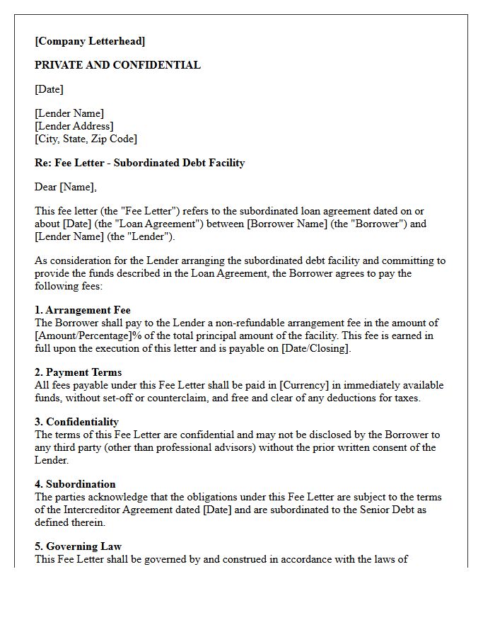 Subordinated Debt Arrangement Fee Letter