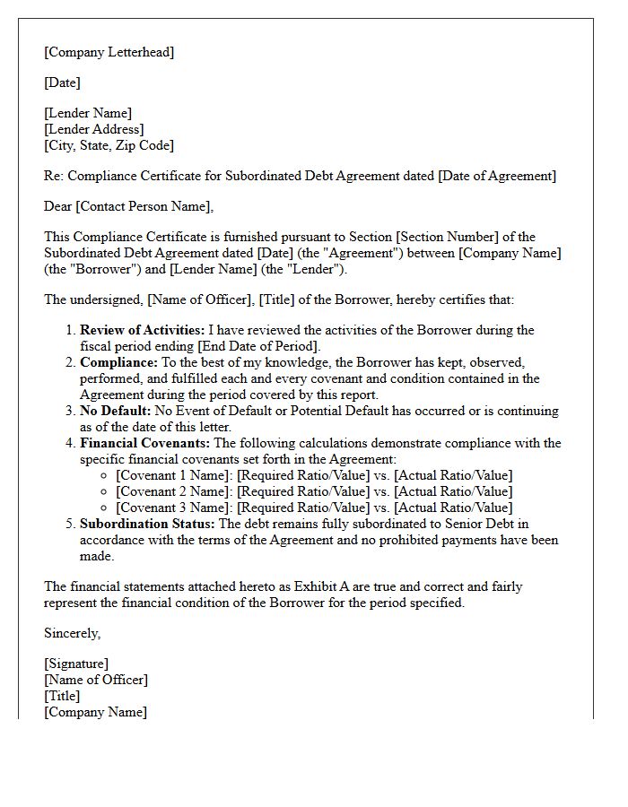 Subordinated Debt Covenant Compliance Letter