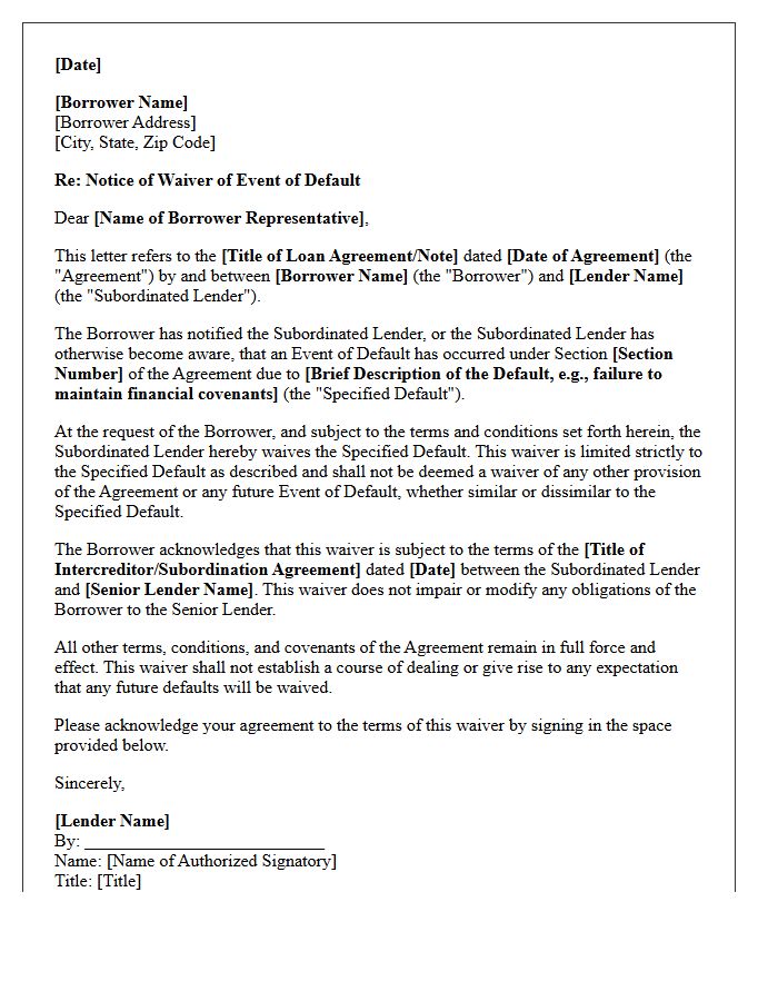 Subordinated Debt Default Waiver Letter