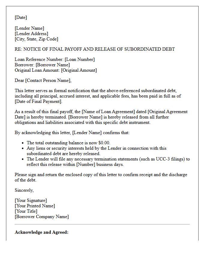Subordinated Debt Final Payoff Letter
