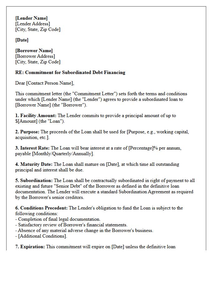 Subordinated Debt Financing Commitment Letter