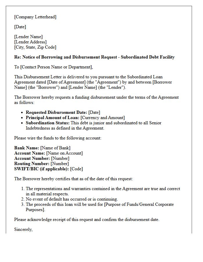 Subordinated Debt Funding Disbursement Letter