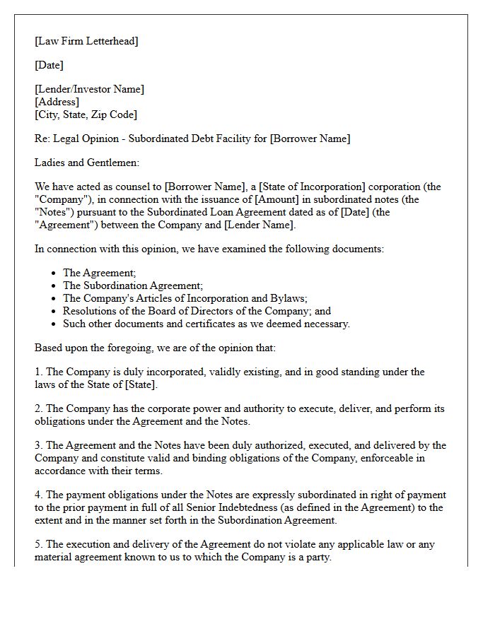 Subordinated Debt Legal Opinion Letter