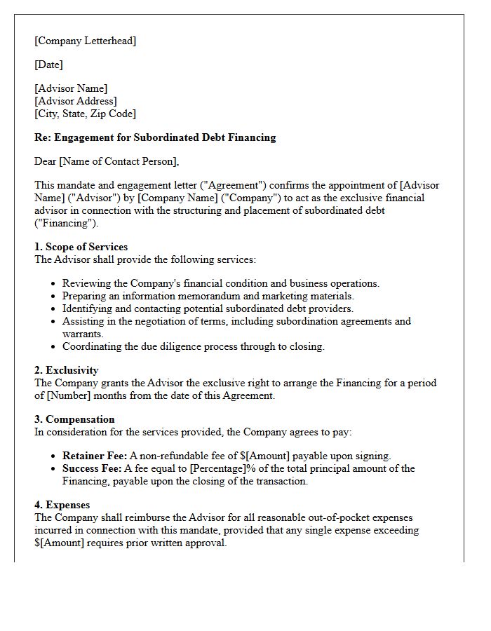 Subordinated Debt Mandate And Engagement Letter