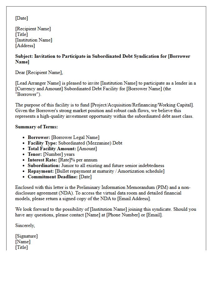 Subordinated Debt Syndication Invitation Letter