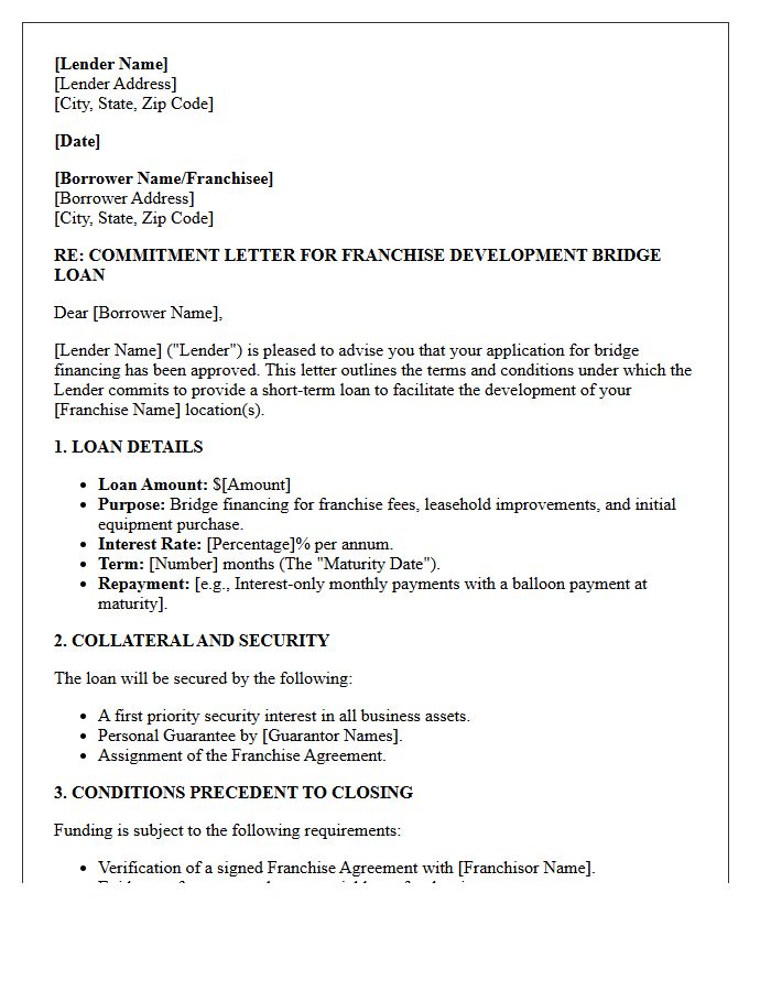 Bridge Financing Franchise Development Loan Commitment Letter