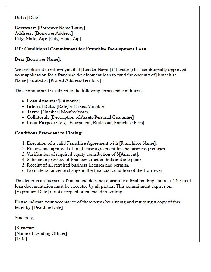 Conditional Franchise Development Loan Commitment Letter