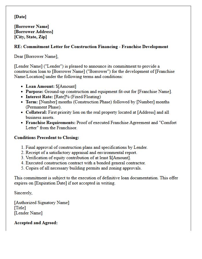 Construction Financing Franchise Development Loan Commitment Letter