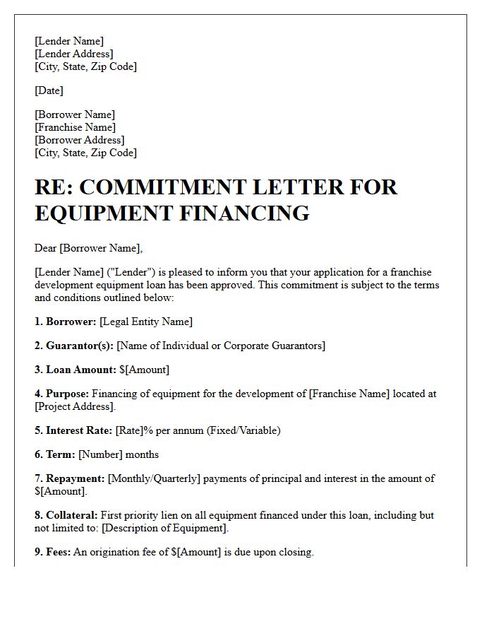 Equipment Financing Franchise Development Loan Commitment Letter