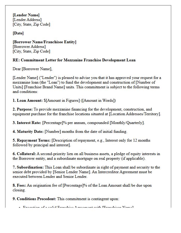 Mezzanine Franchise Development Loan Commitment Letter