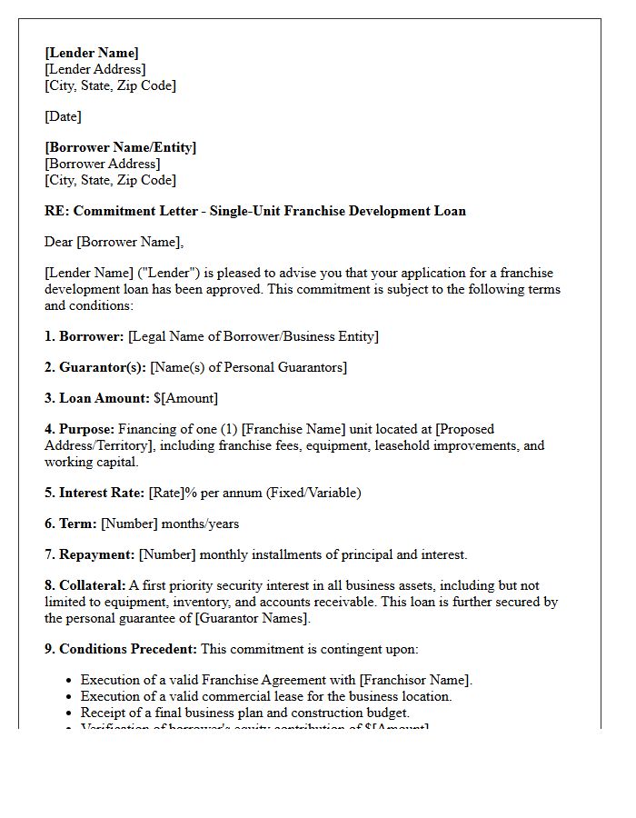 Single-Unit Franchise Development Loan Commitment Letter