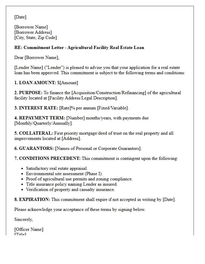 Agricultural Facility Real Estate Loan Commitment Letter