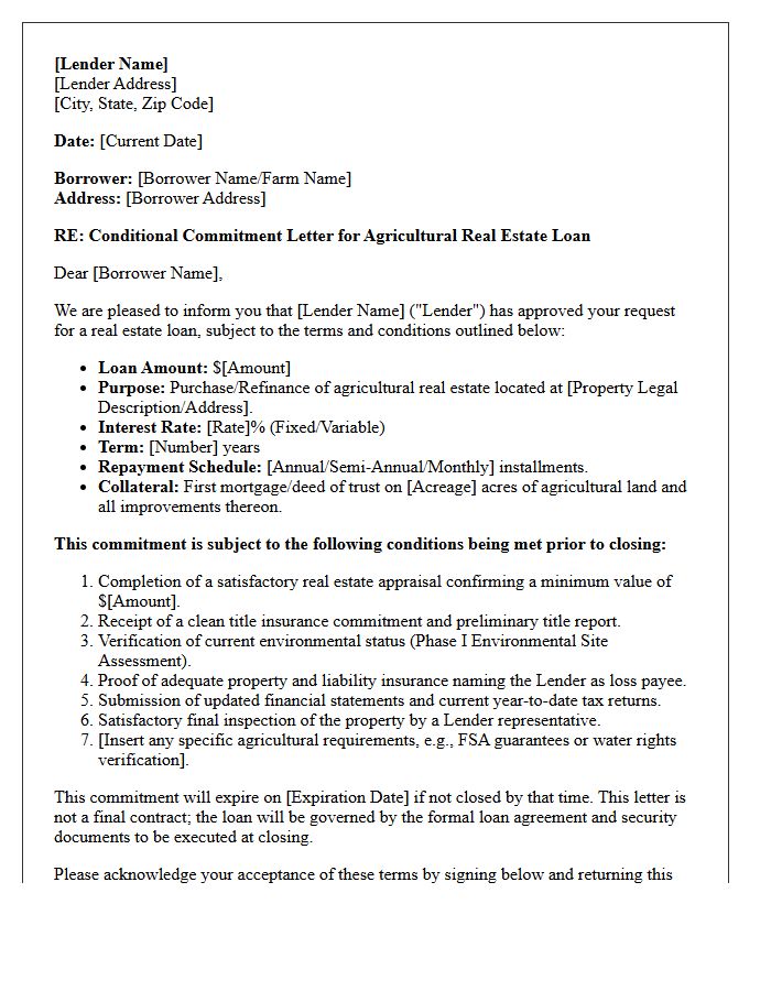 Conditional Agricultural Real Estate Loan Commitment Letter