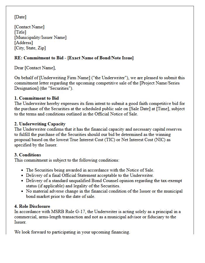 Competitive Bid Municipal Underwriting Commitment Letter