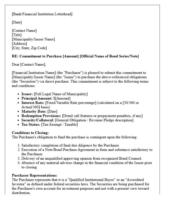 Direct Purchase Municipal Underwriting Commitment Letter