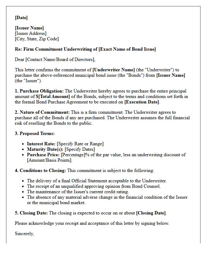 Firm Commitment Municipal Bond Underwriting Letter