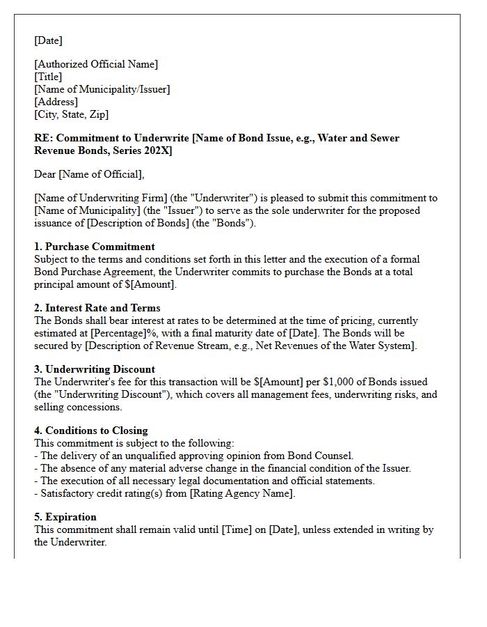 Municipal Revenue Bond Underwriting Commitment Letter