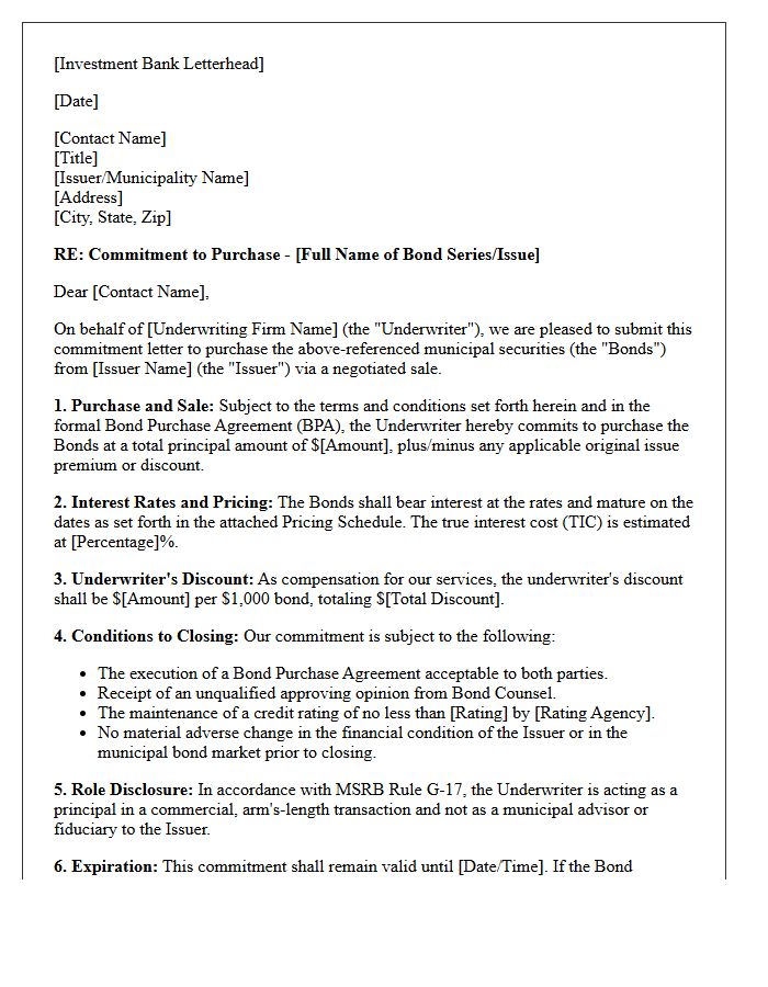 Negotiated Sale Municipal Underwriting Commitment Letter