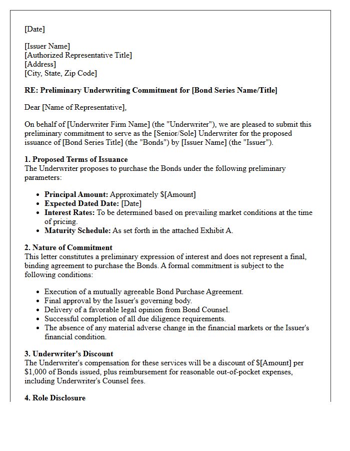 Preliminary Municipal Bond Underwriting Commitment Letter