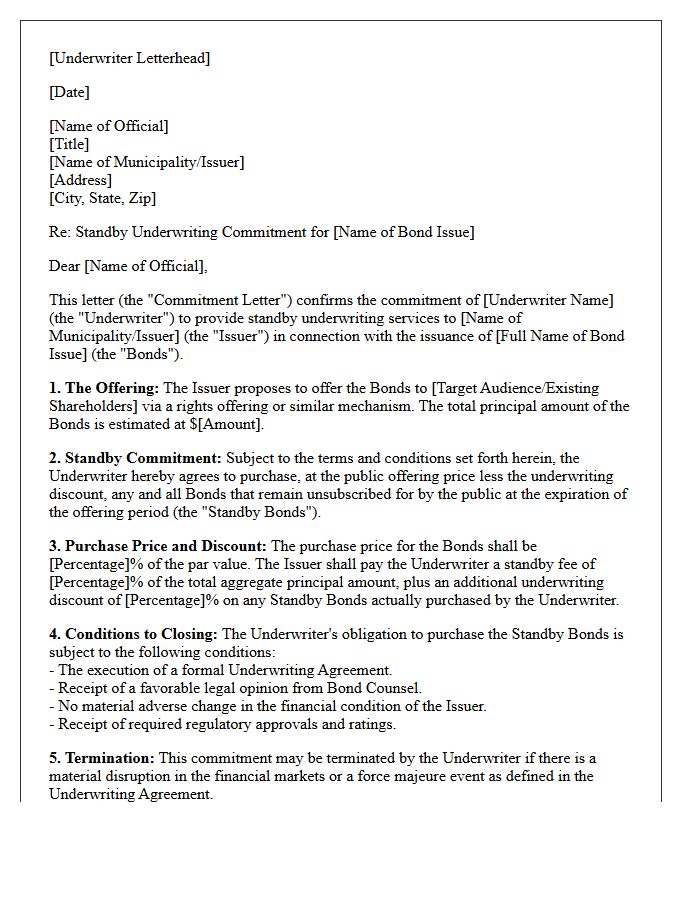 Standby Municipal Bond Underwriting Commitment Letter