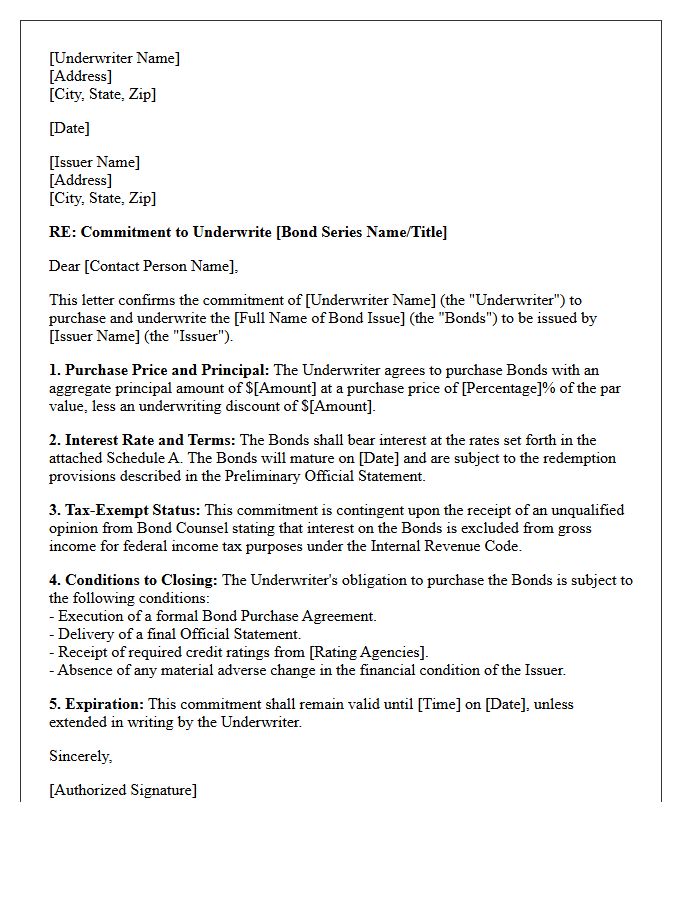 Tax-Exempt Municipal Bond Underwriting Commitment Letter