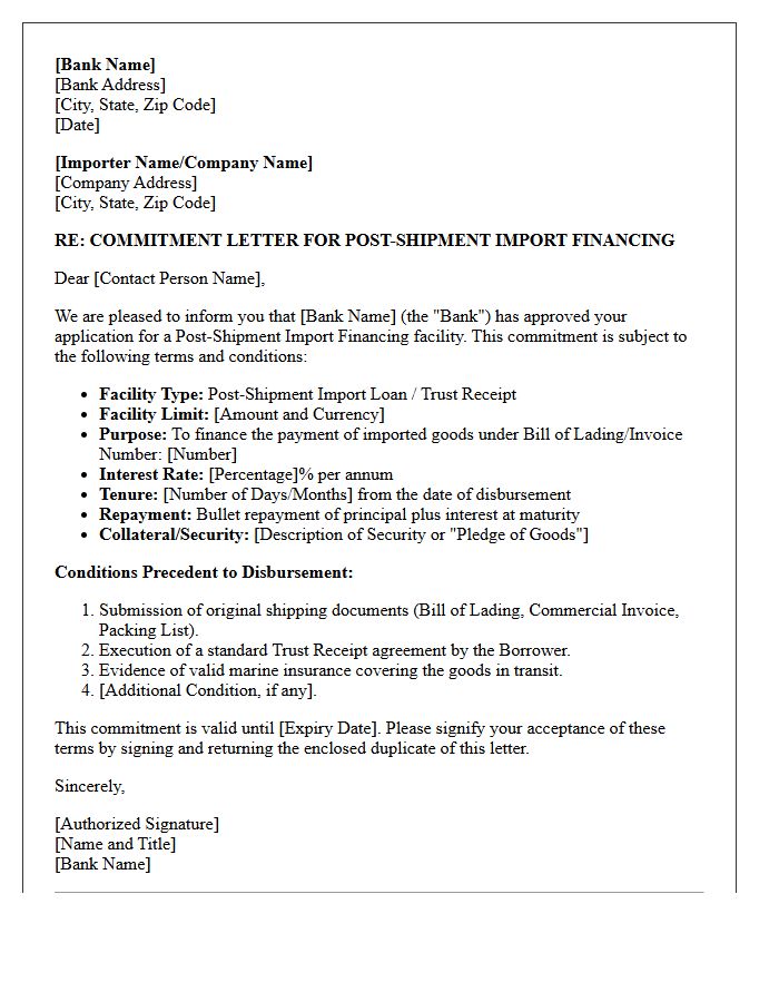 Post-Shipment Import Financing Commitment Letter