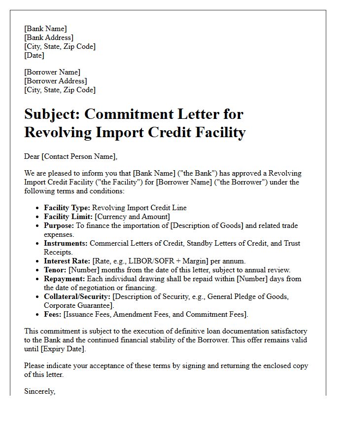 Revolving Import Credit Commitment Letter