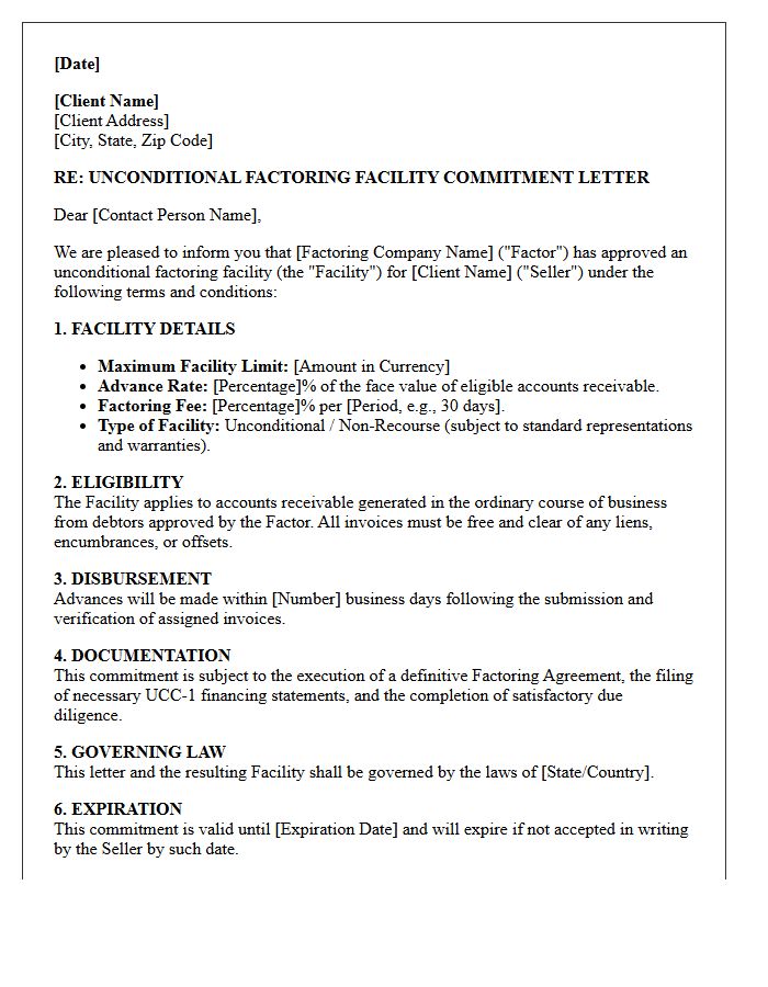 Unconditional Factoring Facility Commitment Letter