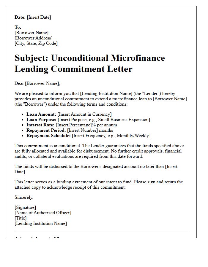 Unconditional Microfinance Lending Commitment Letter