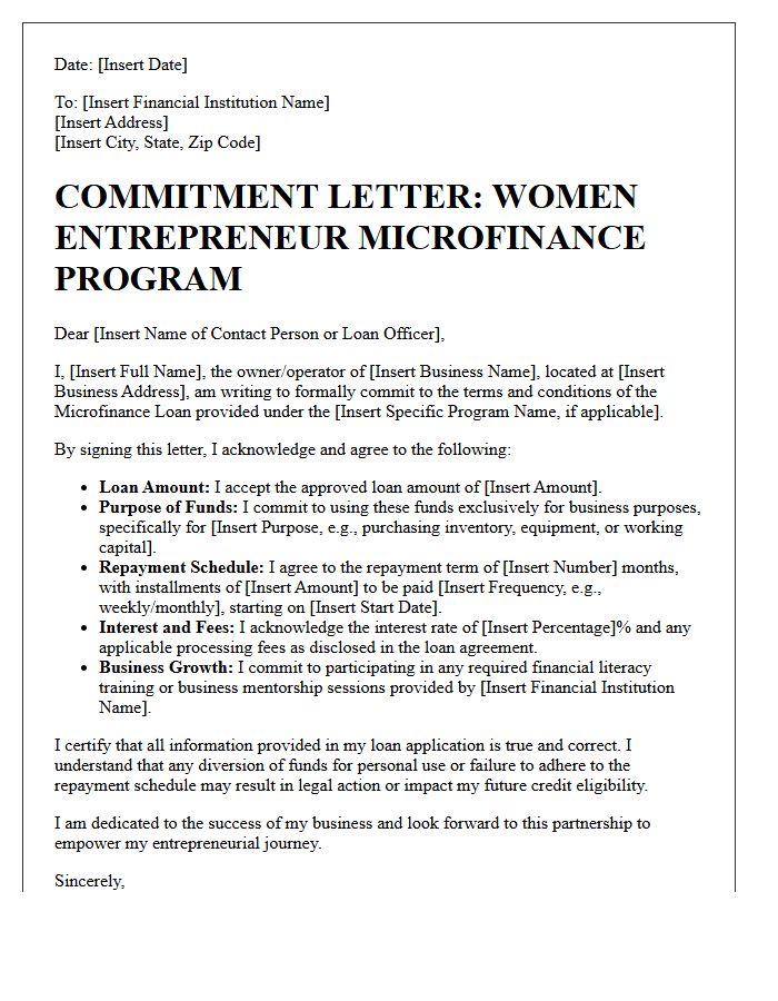 Women Entrepreneur Microfinance Commitment Letter