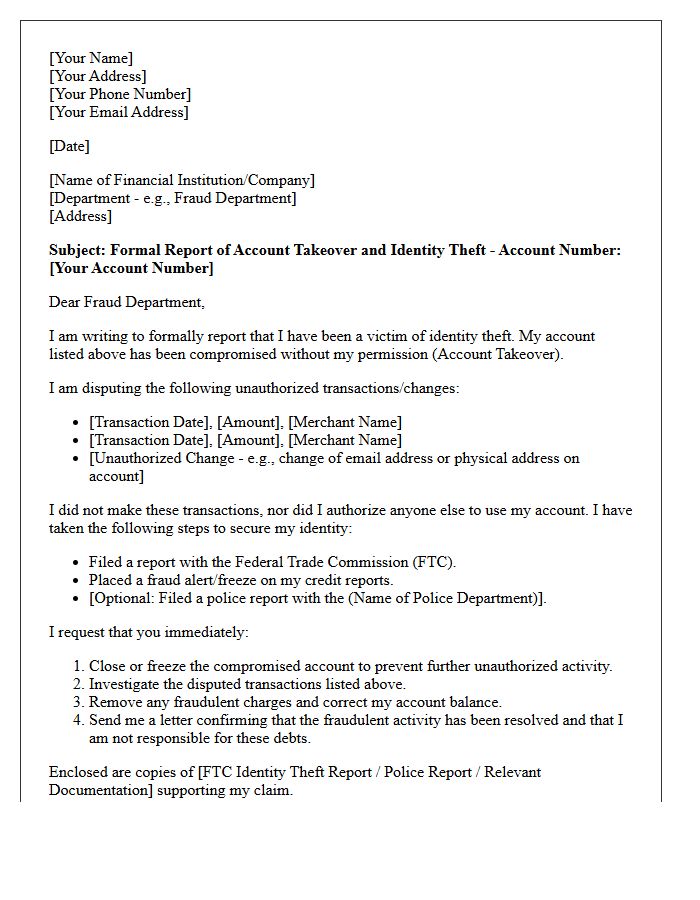 Account Takeover and Identity Theft Filing Letter
