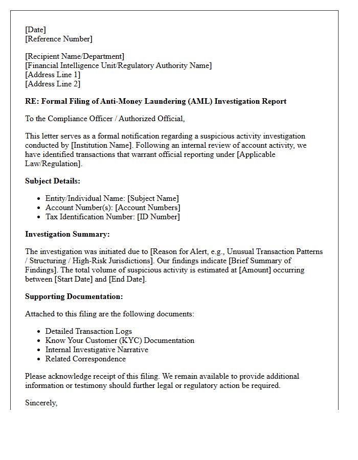Anti-Money Laundering Investigation Filing Letter