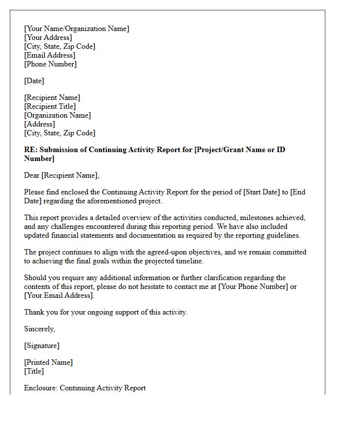 Continuing Activity Report Submission Cover Letter