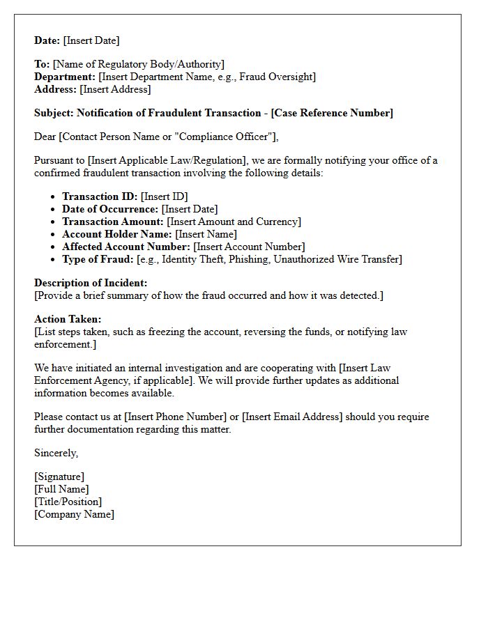 Fraudulent Transaction Regulatory Notification Letter