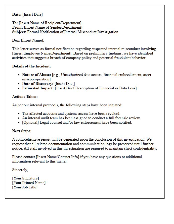Insider Abuse and Employee Fraud Notification Letter