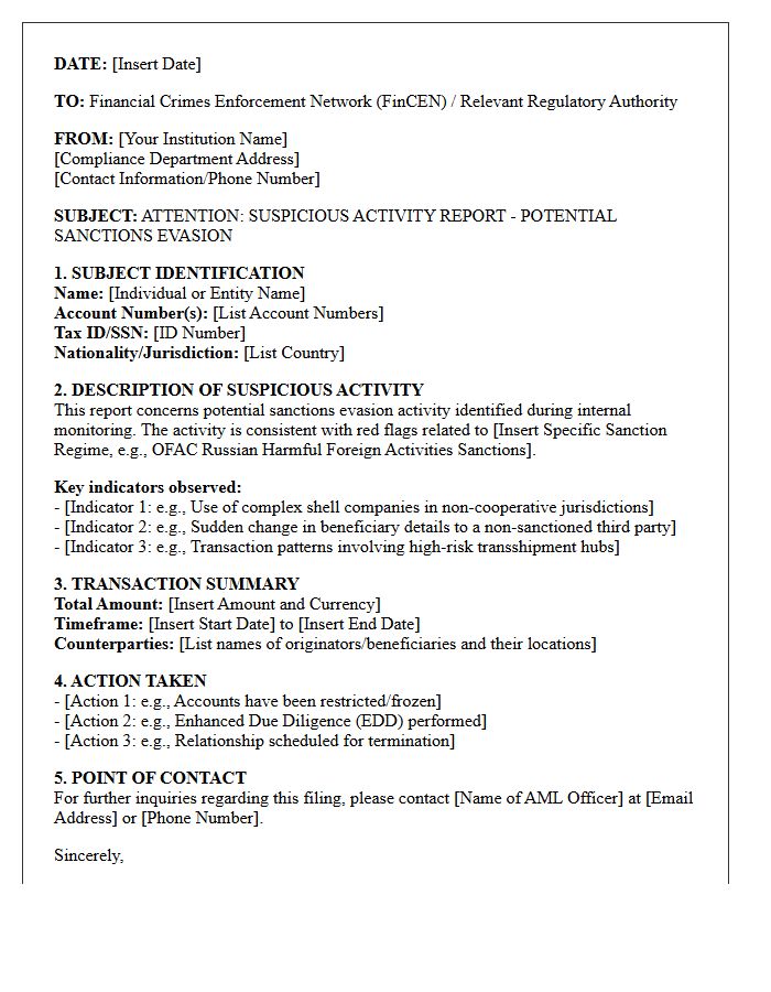 Sanctions Evasion Suspicious Activity Cover Letter