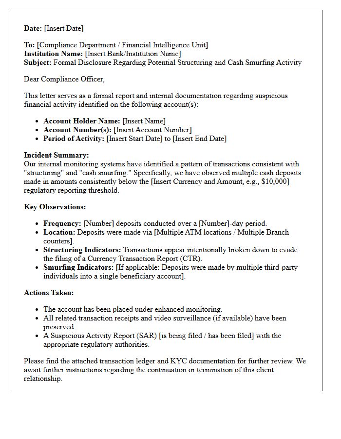 Structuring and Cash Smurfing Incident Cover Letter