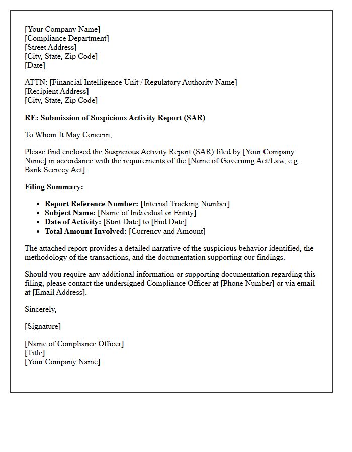 Suspicious Activity Report Submission Cover Letter