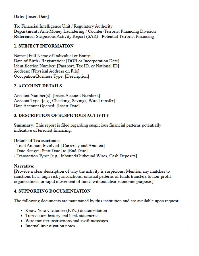 Terrorist Financing Suspicious Activity Filing Letter