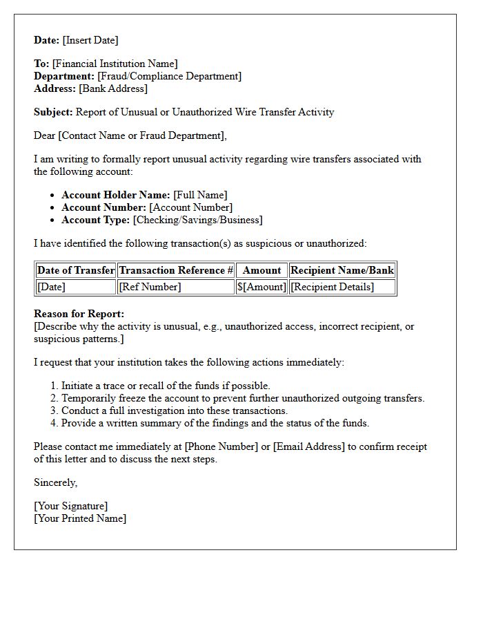 Unusual Wire Transfer Activity Reporting Letter