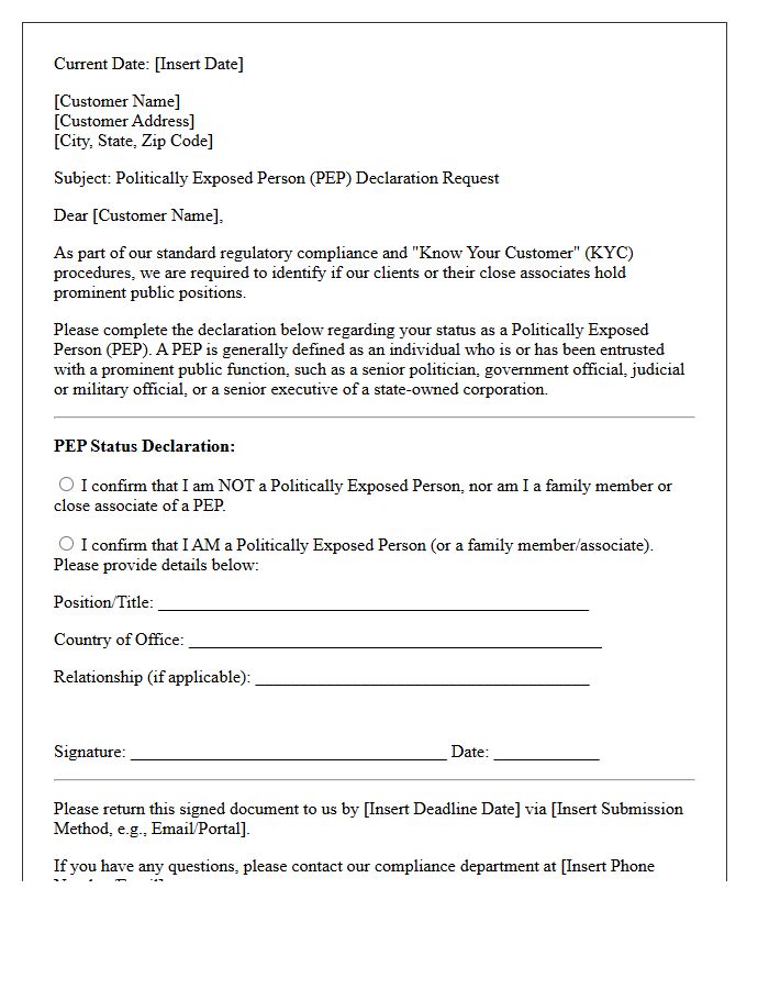 Politically Exposed Person Declaration Request Letter